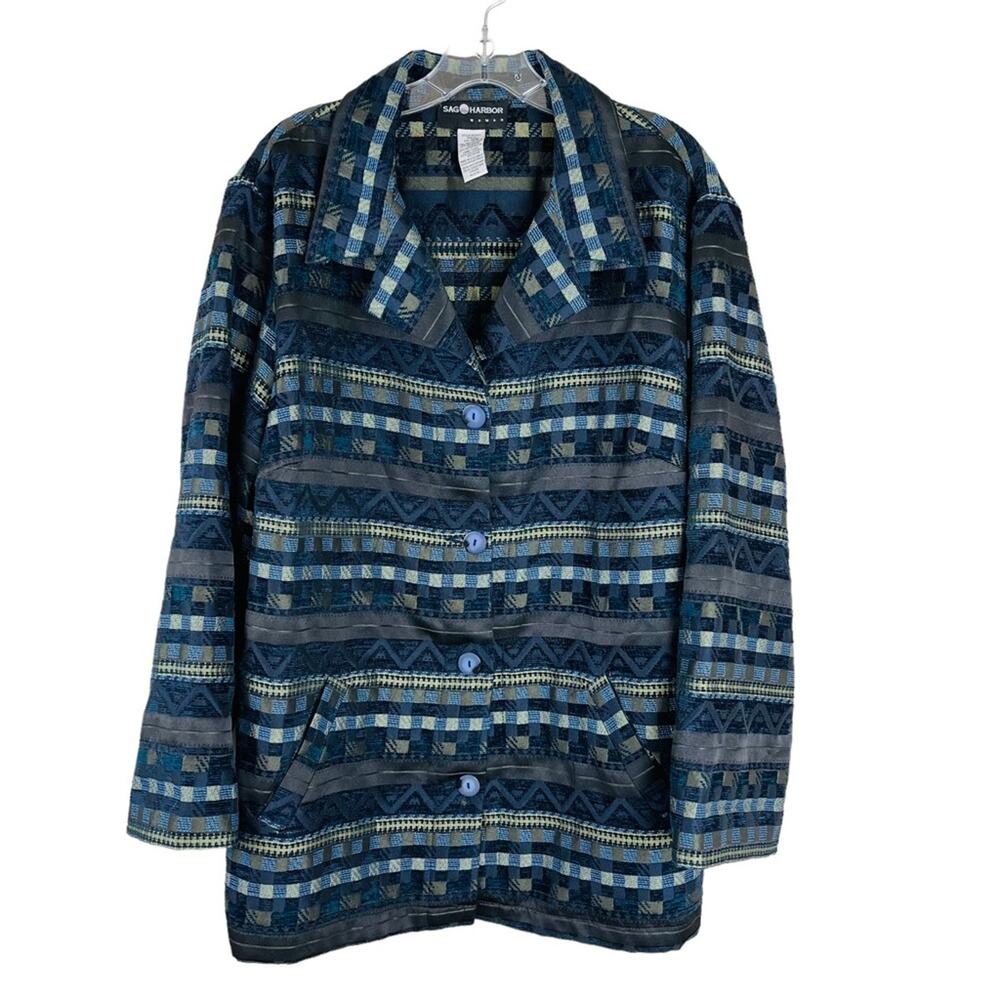 Vintage blue green tapestry striped button jacket 18W